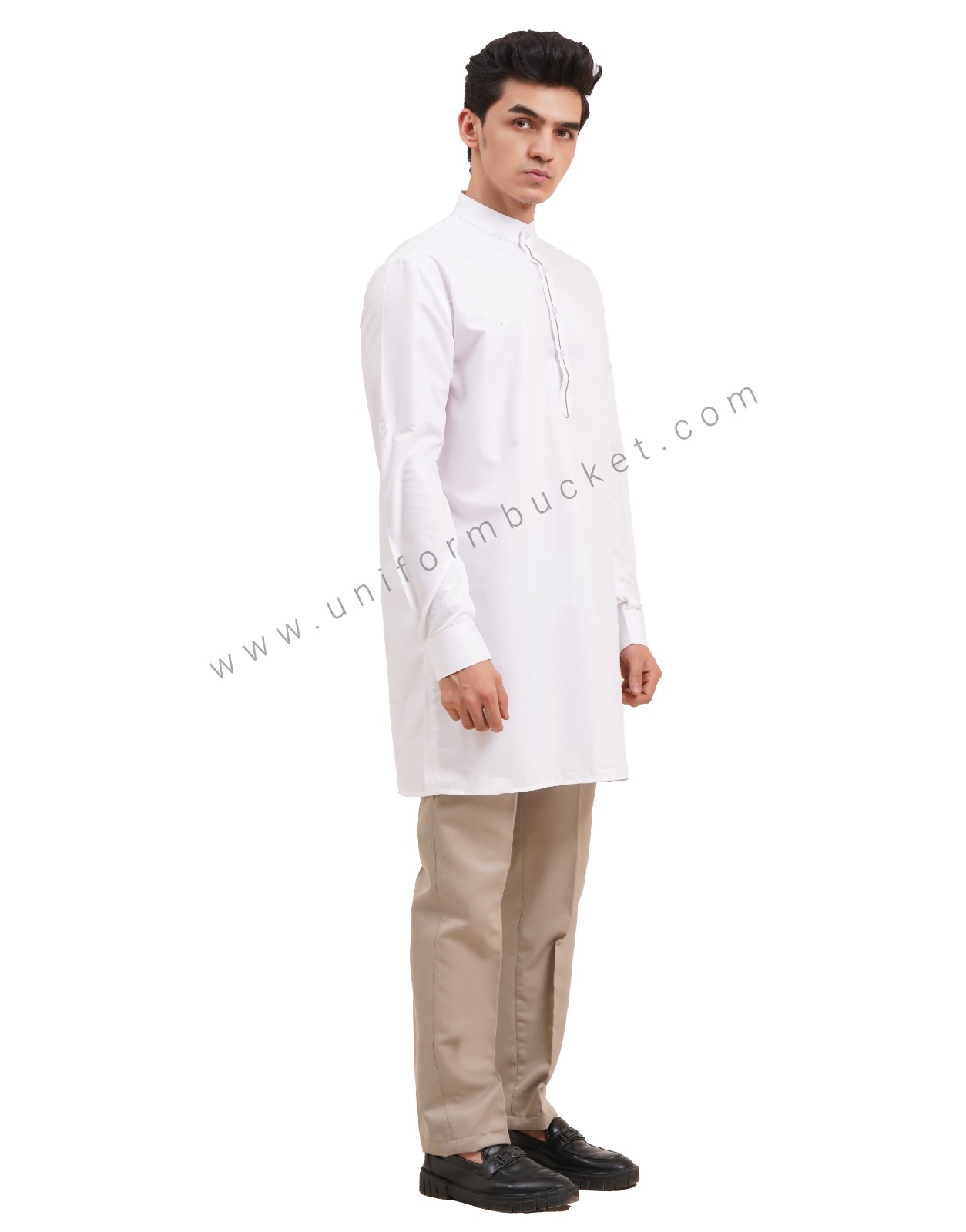 WHITE MALE LONG KURTI WITH BEIGE PIPING ON PLACKET thumbnail 7
